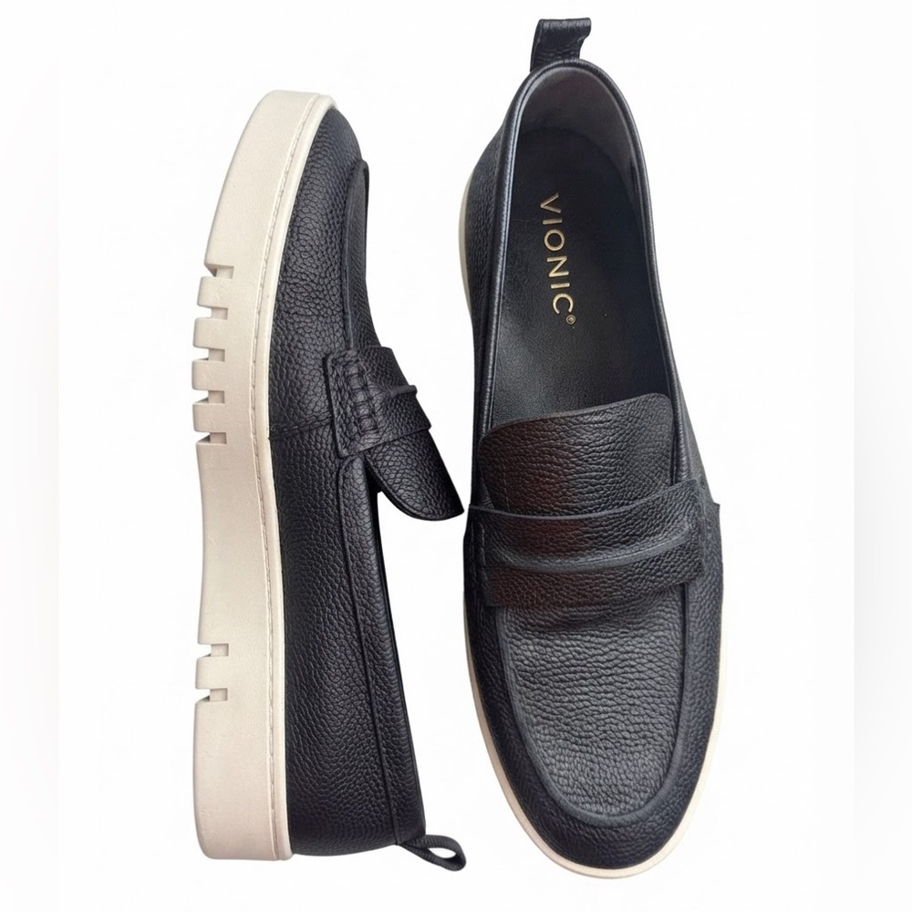 Vionic Uptown Pebbled Leather Penny Loafer Platform Shoes Black – Size 8.5